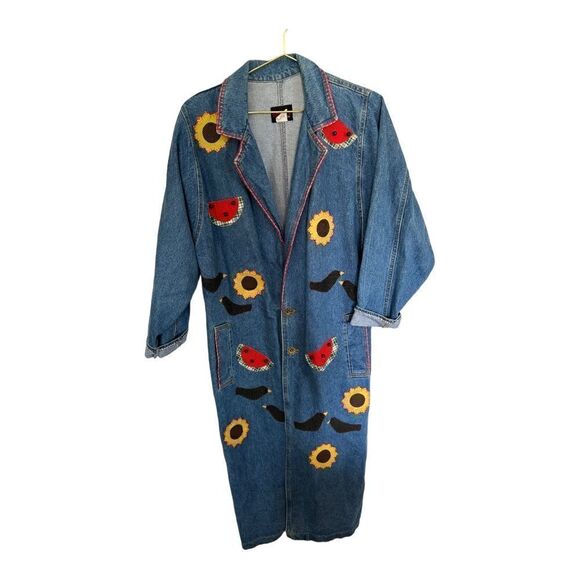 Vintage Sunbelt Embroidered Patch Watermelon Sunflower Crow Long Denim Jacket - Picture 1 of 11